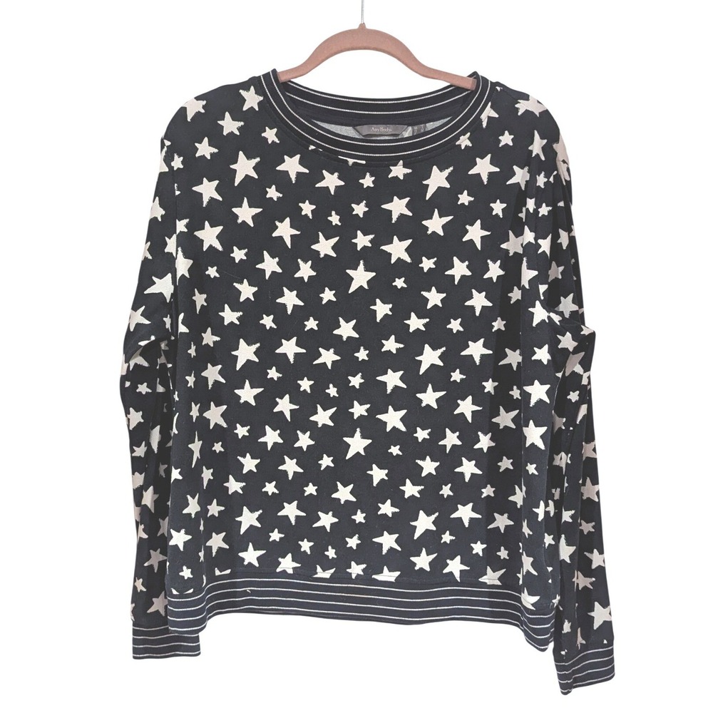 AnyBody Star Print Sweatshirt M Navy Blue Striped Trim Long Sleeve Celestial